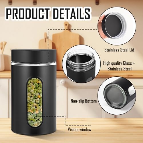 Mimorou 3 Pcs Stainless Steel Canister Set with Glass Windows Visible Storage Jars Silver Kitchen Canister Set for Pasta Flour Oat Sugar Container, Kitchen Tools, Housewarming Gifts(Black,32 oz) - Image 3