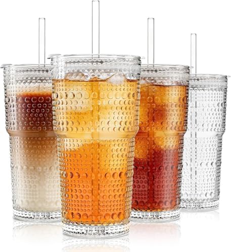 INSETLAN 20 oz Hobnail Glass Cups with Lids and Glass Straws – 4 Pieces, Thick-Walled Glass Tumblers for Iced Coffee, Smoothies, Milk, Water, Juice, and More – Elegant and Durable Drinking Glasses by INSETLAN
