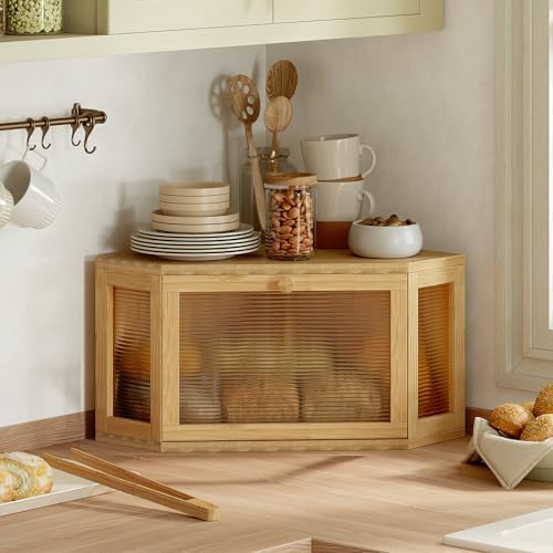 WOWLIVE Corner Bread Box, Bamboo Bread Storage with Acrylic Wavy Door - Image 2