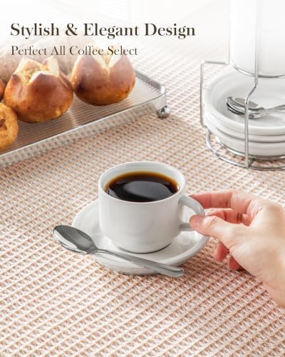 MALACASA Porcelain Espresso Cups Set of 4, with Saucers and Metal Stand, 4 Ounce Stackable Cappuccino Cups, Expresso Shots Cup Ceramic Demitasse Mugs, White with Spoon - Image 6