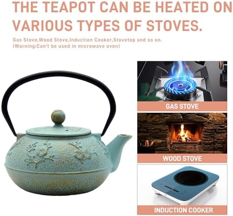 30.4oz Small Cast Iron Tea Kettle,SECHUDO Tea Pot Coated with Enameled Interior for Loose Tea, Cute Cast Iron Teapot with Stainless Steel Infuser for Stovetop Safe (900ml) - Image 3