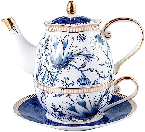 ACMLIFE Tea for One Teapot and Cup Set, Vintage Floral Porcelain Tea Set for One, Bone China Teapot Set, Tea Pot Set Gift for Women (Blue) by ACMLIFE