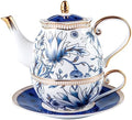 ACMLIFE Tea for One Teapot and Cup Set, Vintage Floral Porcelain Tea Set for One, Bone China Teapot Set, Tea Pot Set Gift for Women (Blue) by ACMLIFE