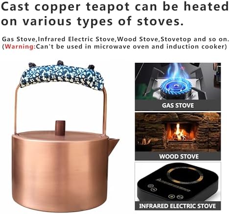 YJX Pure Copper Tea Kettle For Stovetop Safe, Chinese Style Non-Coating Teapot with Stainless Steel Tea Ball For Loose Tea, Durable Tea Pot, 1500ml Kettle - Image 5