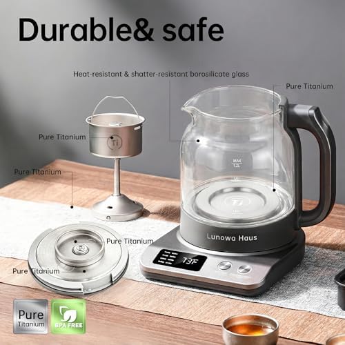 120V Titanium & Glass Electric Tea Kettle, Pro Steam Extraction for All Teas (Green, Black, Oolong), 11 Temp & 10 Strength Levels, 1.2L, 12H Keep Warm, BPA-Free, 1 Infusers - Image 2