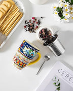 vancasso Ceramic Tea Mug with Infuser and Lid, 18 Ounce Bohemian Loose Leaf Cup, Microwave & Dishwasher Safe, Perfect for Tea, Coffee, Beige-Mustard Tribe - Image 5