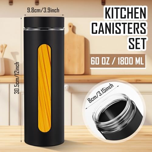 Mimorou 3 Pcs Stainless Steel Canister Set with Glass Windows Visible Storage Jars Silver Kitchen Canister Set for Pasta Flour Oat Sugar Container, Kitchen Tools, Housewarming Gifts(Black,60 oz) - Image 2