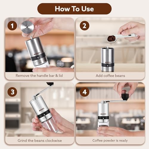 AGARO Elite Manual Coffee Grinder, Ceramic Grinder with Glass jar, 6 Adjustable Settings, Stainless Steel Body, Tooth Handle, No Power, Whole Bean, Drip Coffee, Espresso, Silver - Image 5