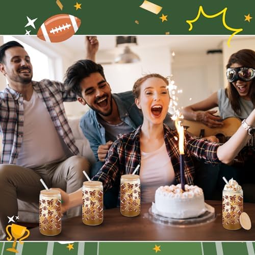 12 Pack 16 oz Football Glass Cups with Bamboo Lid and Straw - Image 6