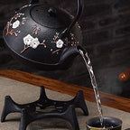 1100ml Antique Cast Iron Teapot With Insulation Handle, Chinese Plum Blossom Pattern Tetsubin Tea Kettle As Gift Black - Image 4