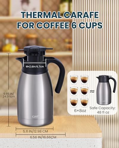 GiNT 51Oz Stainless Steel Thermal Coffee Carafe with Lid/Double Walled Vacuum Thermal Carafe / 12 Hour Heat Retention (Silver, 1.5L) - Image 6