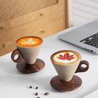 Farm Vintage Funnel Coffee Cups Set 7 Oz Ceramic Latte Mug With Saucer,Khaki Espresso Cups, Cappuccino Cups,Tea Cup with Wooden Saucer and Handle Set CM07 - Image 4