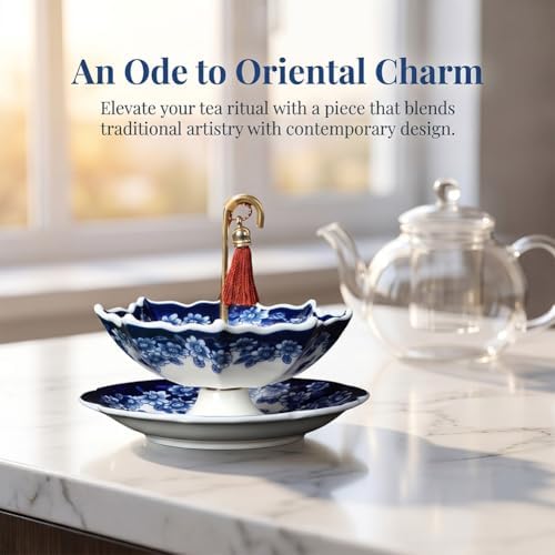 Tea Umbrella Infuser, Ceramic Tea Strainer Umbrella Shape, Blue White Porcelain Loose Leaf Tea Filter with Base, Oriental Kung Fu Tea Diffuser for Brewing (Peony Set, 1PC) - Image 2