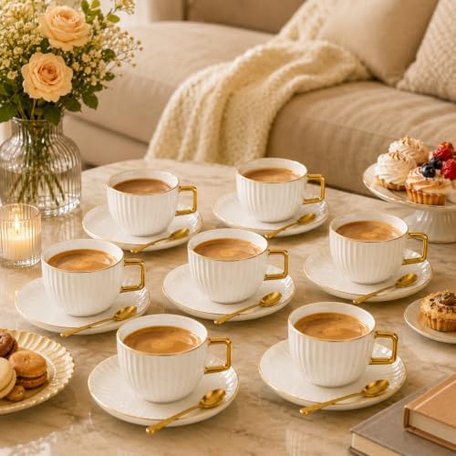 Ceramic Coffee Cup and Saucer Set, Set of 6 - Image 3