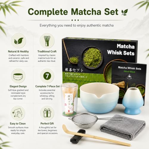 7PCS Matcha Set, Matcha Making Kit Includes Matcha Whisk and Bowl, Tea Lid, Scoop, Strainer and Match Whisk Holder, Tea Towel, Matcha Whisk Set for Matcha Lovers (Blue) - Image 3