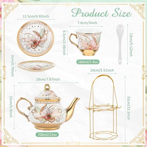 Zhehao 20 Pcs Porcelain Tea Set for Adult, with Metal Holder, Heritage - Image 2