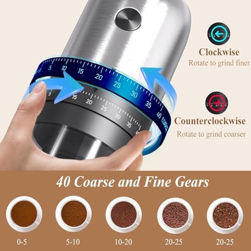 Portable Electric Burr Coffee Grinder with 40 Adjustable Settings & 35g Capacity, 1800mAh Rechargeable Coffee Bean Grinder with Conical Ceramic Burr, for Travel (SILVER) - Image 2