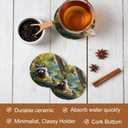 Forest Raccoon Drink Coasters Set of 6 with Holder,Absorbent Round Ceramic Coasters for Desk,Animal Bird Mountains Tree Natural Landscape Cup Mats for Home Kitchen Office Party Coffee Table Decoration - Image 5