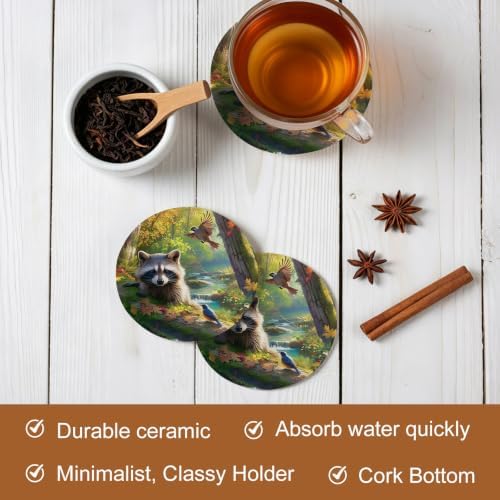 Forest Raccoon Drink Coasters Set of 6 with Holder,Absorbent Round Ceramic Coasters for Desk,Animal Bird Mountains Tree Natural Landscape Cup Mats for Home Kitchen Office Party Coffee Table Decoration - Image 5