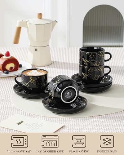 MALACASA 8 OZ Porcelain Espresso Cups with Saucers and Metal Stand Set of 4, Stackable Cappuccino Cups, Marble Black Expresso Shots Cup Set for Coffee Drinks, Latte, Tea - Image 4