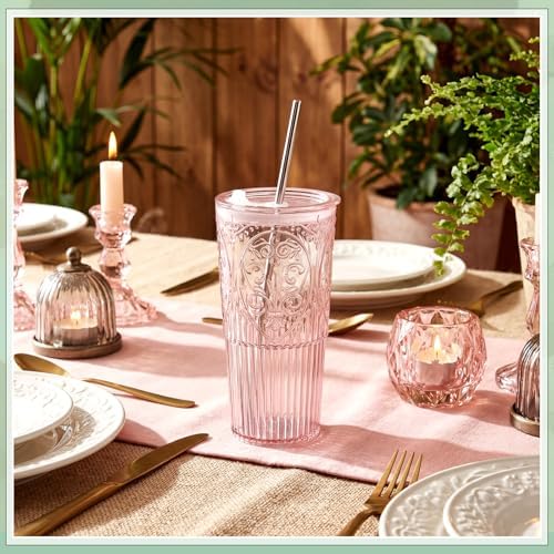 8 Set Vintage Tumbler with Lid and Straw, Iced Coffee Cup, Pink - Image 4