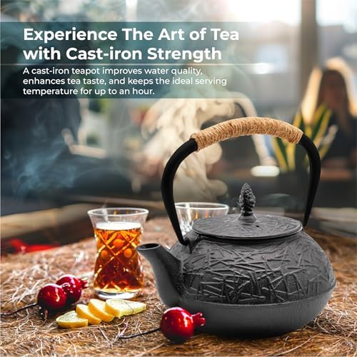 Zen Minded Traditional Japanese Cast Iron Tetsubin Stovetop Teakettle Teapot with Stainless-steel Mesh Loose-leaf Filter for Green Tea & Infusions 800ml Pine Pattern - Black - Image 2