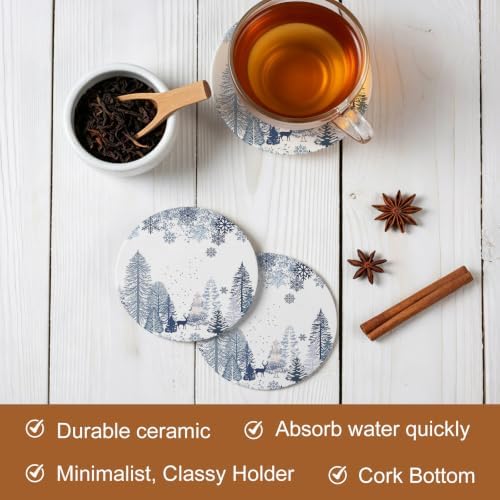 Winter Forest Coasters for Drinks, Set of 86 Natural Pine Trees Snowflakes Deer Blue Absorbent Ceramic Coaster with Cork Base Decor for Wooden Table & Bar, Housewarming Gift Home Decor - Image 2