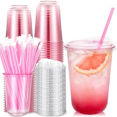 Ziliny 50 Pack 16 Oz Pink Plastic Cups with Lids and Straws, Iced Coffee by Ziliny