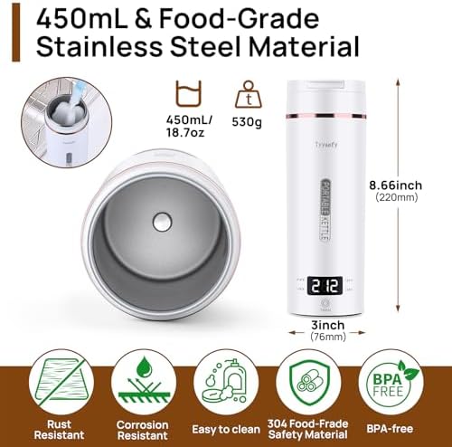 Portable Electric Kettle with Drinking Spout, Plug-in with Travel Bag, 450mL 304 Stainless Steel, 4 Preset Temp, Rapid Boiling – Home/Office/Hotel/Caravan/Dorm/Business Trip - Image 6