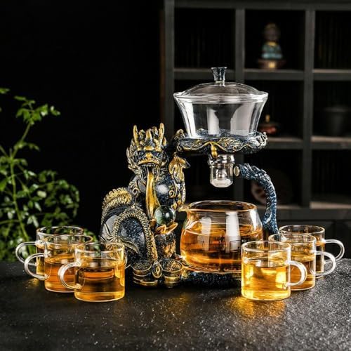 Glass Teapot Set with Infuser Semi Automatic Dragon Tea Set with 6 Small Cups (Blue golden dragon) by zurucily