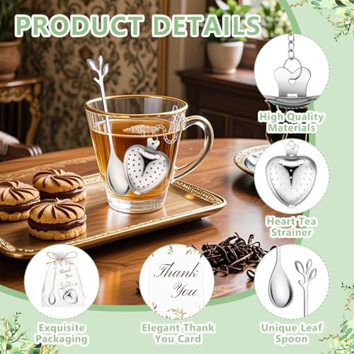 50 Sets Bridal Shower Tea Party Favor for Guests Leaf Tea Spoon Heart Tea Infuser for Loose Leaf Tea Steeper with Thank You Card Organza Bags for Wedding Decoration Gift Souvenirs (50, Silver) - Image 3