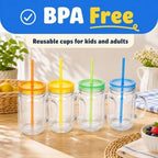 Plastic Mason Jars with Handles, Lids and Straws | 20 oz Double Insulated Tumbler with Straw | 4 Pack Set of 4 | Wide Mouth Mason Jar Mugs | Cups for Kids and Adults… - Image 3