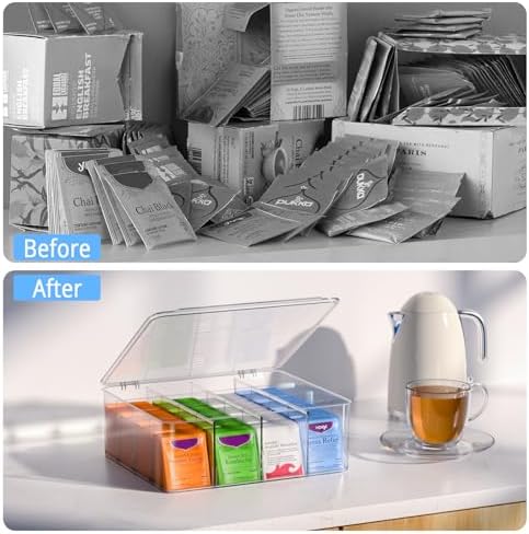 Tea Bag Organizer with Lid: Plastic Storage Bin - 16 Compartments with Removable Dividers, Stackable Pantry Storage Box for Drawers, Countertops, Fridge, Kitchen (2 Pack) - Image 4