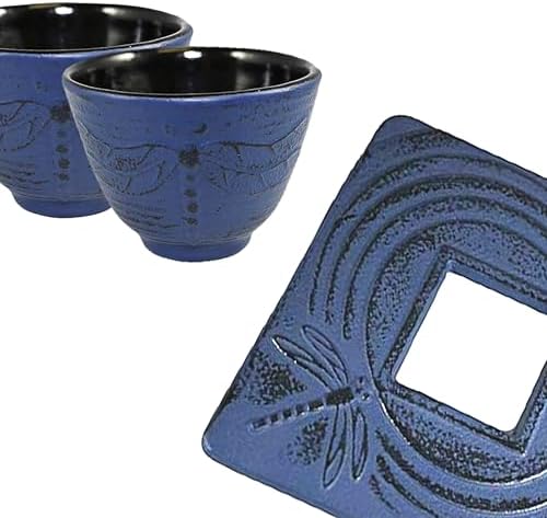 Cuisiland 27oz Cast Iron Teapot Set, Japanese Tetsubin Teapot with Enamel Coated Interior, Dragonfly Design, Excellent Heat Retention, Includes Infuser, Trivet & 2 Tea Cups (Blue) - Image 4