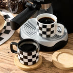 LUKA Ceramic Stackable Black and White Checkered Espresso Cups with Saucers and Metal Stand, 4 Ounce Small Demitasse Cups Set for Coffee Drinks, Latte, Tea - Set of 4 - Image 6