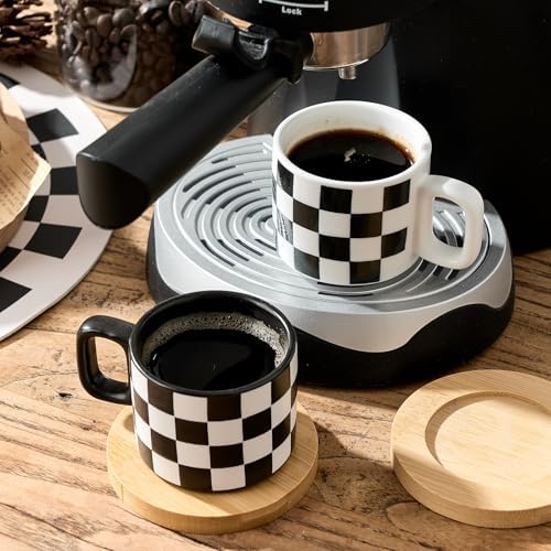 LUKA Ceramic Stackable Black and White Checkered Espresso Cups with Saucers and Metal Stand, 4 Ounce Small Demitasse Cups Set for Coffee Drinks, Latte, Tea - Set of 4 - Image 6