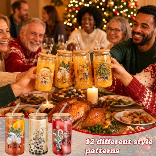 Teenyyou 12 Sets of Christmas Glasses Cups with Bamboo Lid and Glass Straw 16 oz Christmas Stripes Glass Jar Winter Drinking Cups Santa Snowman Elk Coffee Cup for Women Men Xmas Holiday Party Gifts - Image 6