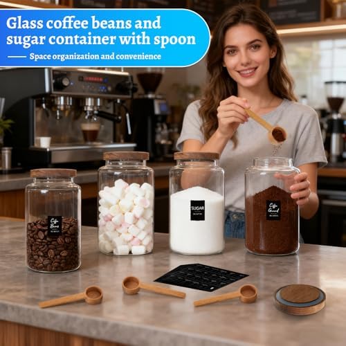 Glass Coffee Jar with Wood Lids Spoon Labels Clear Coffee Ground Canister set of 2,Borosilicate Glass Food Containers for Spice Cookies Sugar Tea Bar (2800ml/94oz-2 pack-with spoon) - Image 4