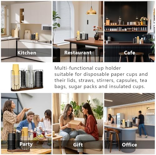 Coffee Cup Holder,18oz Cup and Lid Organizer, Cup Dispenser Rack with Wood Base, Suitable for Countertop Use, Kitchen, Coffee Bar，Storing Paper Cups, Straws, Lids, Tea Bags(4-Compartment) - Image 6
