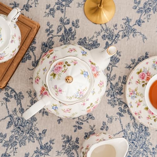 Agyiuns Flower Ceramic Teapot,22oz Porcelain Tea pot for Tea Coffee Milk for Office Home Men Women as Gift(White and small flowers) - Image 6