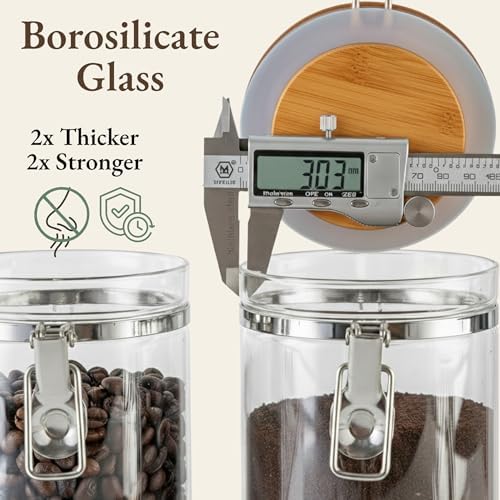 Airtight Coffee Canister with Scoop | Curated Glass Storage Set for Beans, Grounds & Sugar | 9-Piece Ritual Organizer with Bamboo Base, Versatile Artisan Spoon, Labels & Cleaning Brush - Image 5