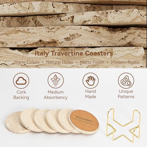 Travertine Marble Coasters Set of 6 with Holder, Cream Beige Stone - Image 3