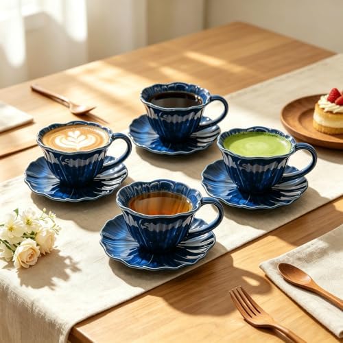 KOOV Latte Cup and Saucer Set of 4, Vintage Hand-Painted 10 oz Ceramic Cappuccino Cups, Reactive Glazed Latte Art Cup and Saucer For Latte, Espresso, Tea, Pansy Series (Nebule Blue) - Image 2