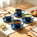 KOOV Latte Cup and Saucer Set of 4, Vintage Hand-Painted 10 oz Ceramic Cappuccino Cups, Reactive Glazed Latte Art Cup and Saucer For Latte, Espresso, Tea, Pansy Series (Nebule Blue) - Image 2