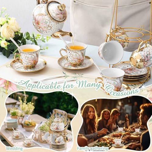 Zhehao 20 Pcs Porcelain Tea Set for Adult, with Metal Holder, Heritage - Image 4