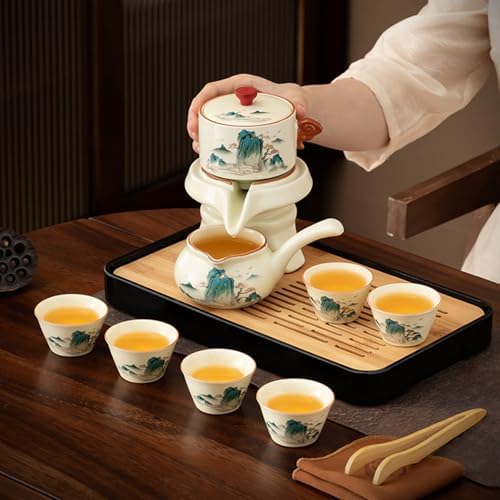 Semi Automatic Tea Set Magic Teapot with 6 cups Japanese Teapot Set,Chinese Gongfu Tea Set Ceramic Teapot with Infuser (Jiangshan-Automatic) - Image 6