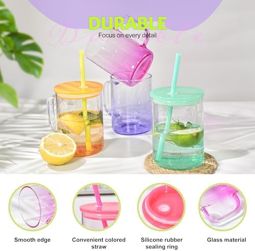 AGH 6 Pack Gradient Colorful Glass Sublimation Cups with Lid and Straw, 16oz Glass Tumblers with Handle - Image 4
