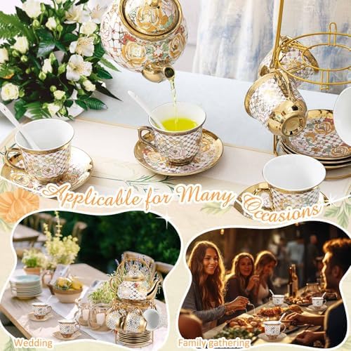 Zhehao 20 Pcs Porcelain Tea Set for Adult, with Metal Holder, Delicate - Image 3