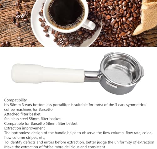 Portafilter, Bottomless Portafilter 58mm Stainless Steel Filter Basket Coffee Handle Cup Filter Basket Replacement 58mm 3 Ears Portafilter (White) - Image 2