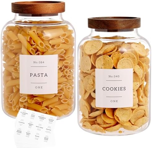 CZHQSMZ Set Of 2 Large Glass Jar with Wooden Lid with 132 Labels, Glass Storage Jars for Flour Pasta Candy Coffee Cookie and More(70 FL OZ/2000 ml) by CZHQSMZ